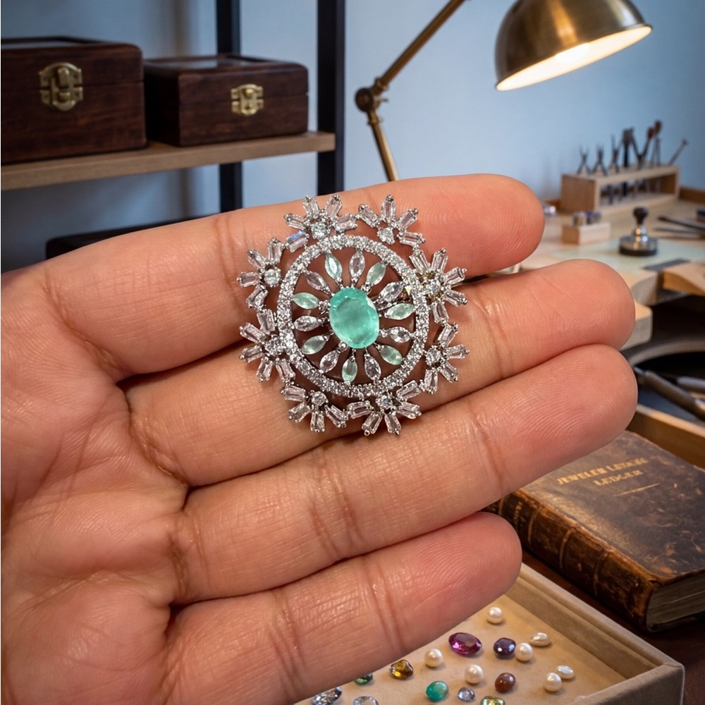 Sterling Silver Emerald Halo Brooch - Green Centerpiece
